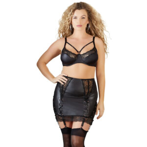 Plus Size Wetlook Nederdel med Blonder & Strømpeholdere
