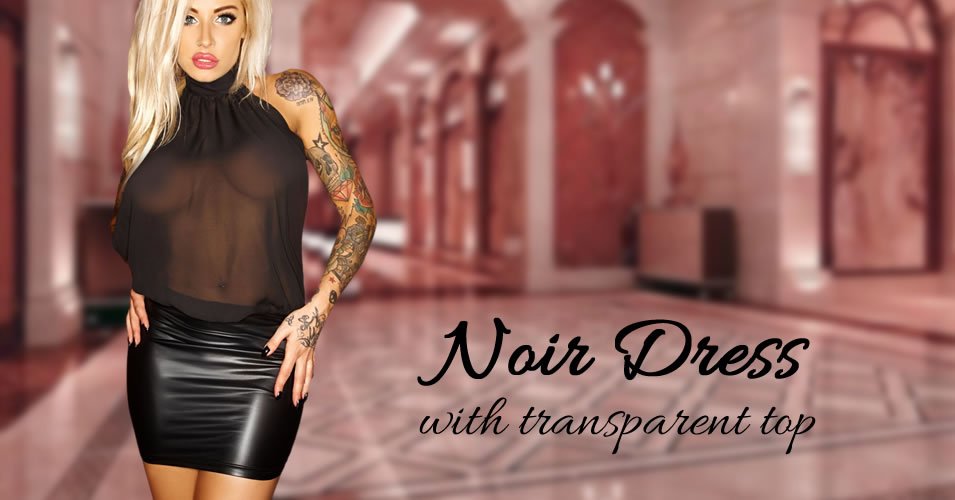 Noir Exclusive Wetlook Kjole med Gennemsigtig Top