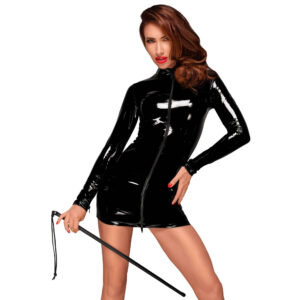 Noir Lak Kjole med Frontlynlås og Lange Ærmer