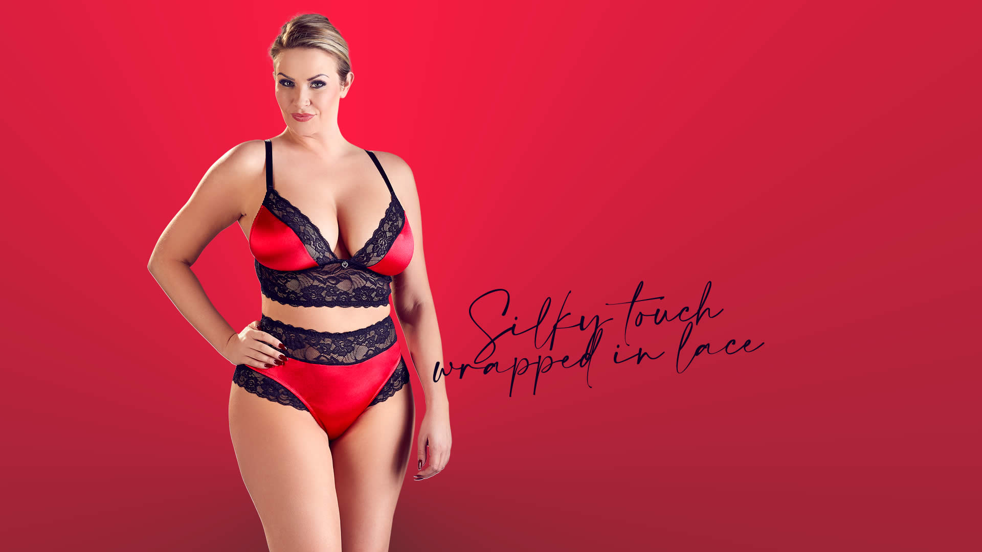 Plus Size Longline BH sæt i Rød og Sort