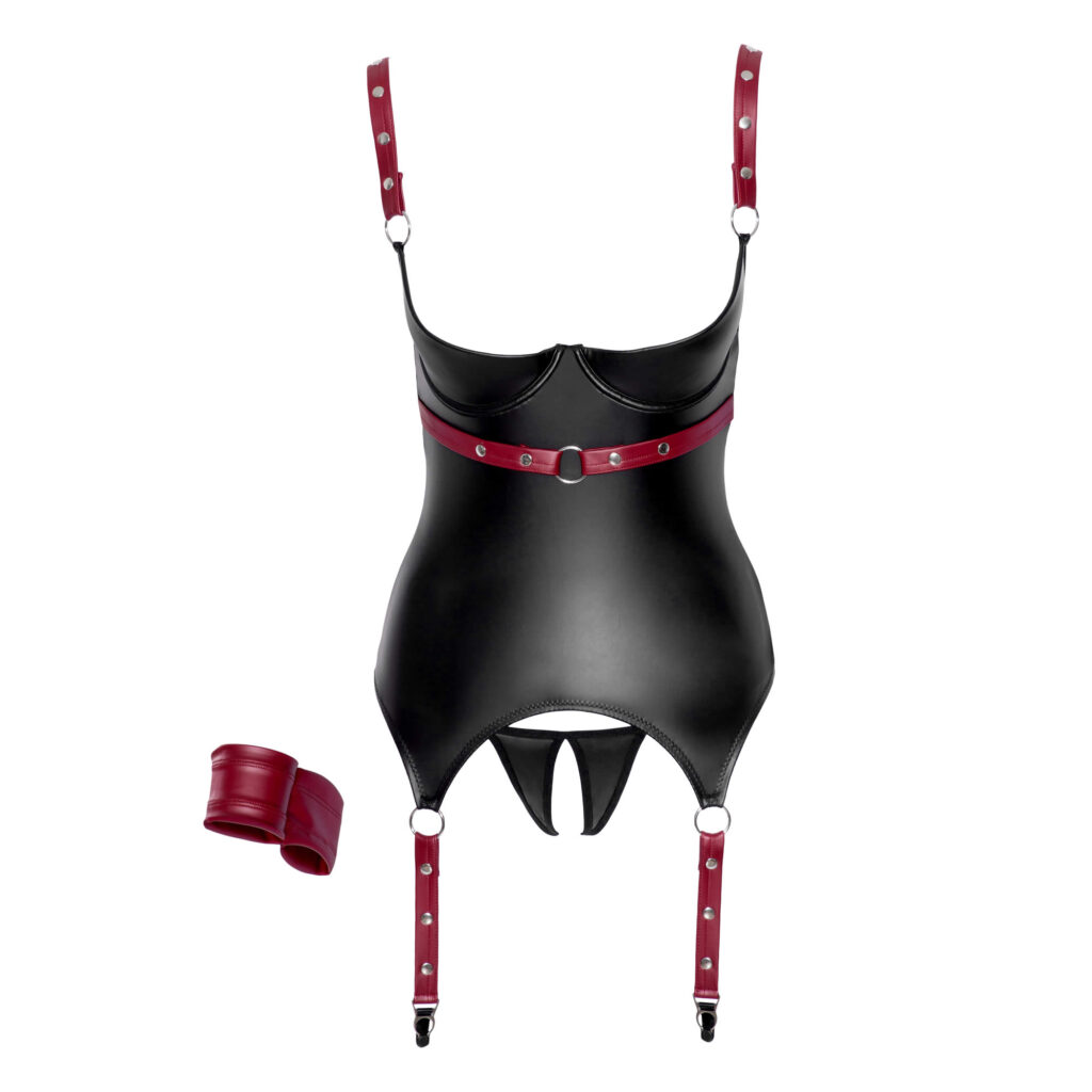 Brystfri Wetlook Bustier med Røde Håndjern & Detaljer