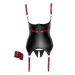 Brystfri Wetlook Bustier med Røde Håndjern & Detaljer