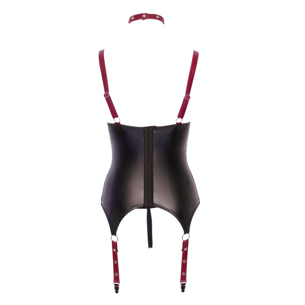 Brystfri Wetlook Bustier med Røde Håndjern & Detaljer