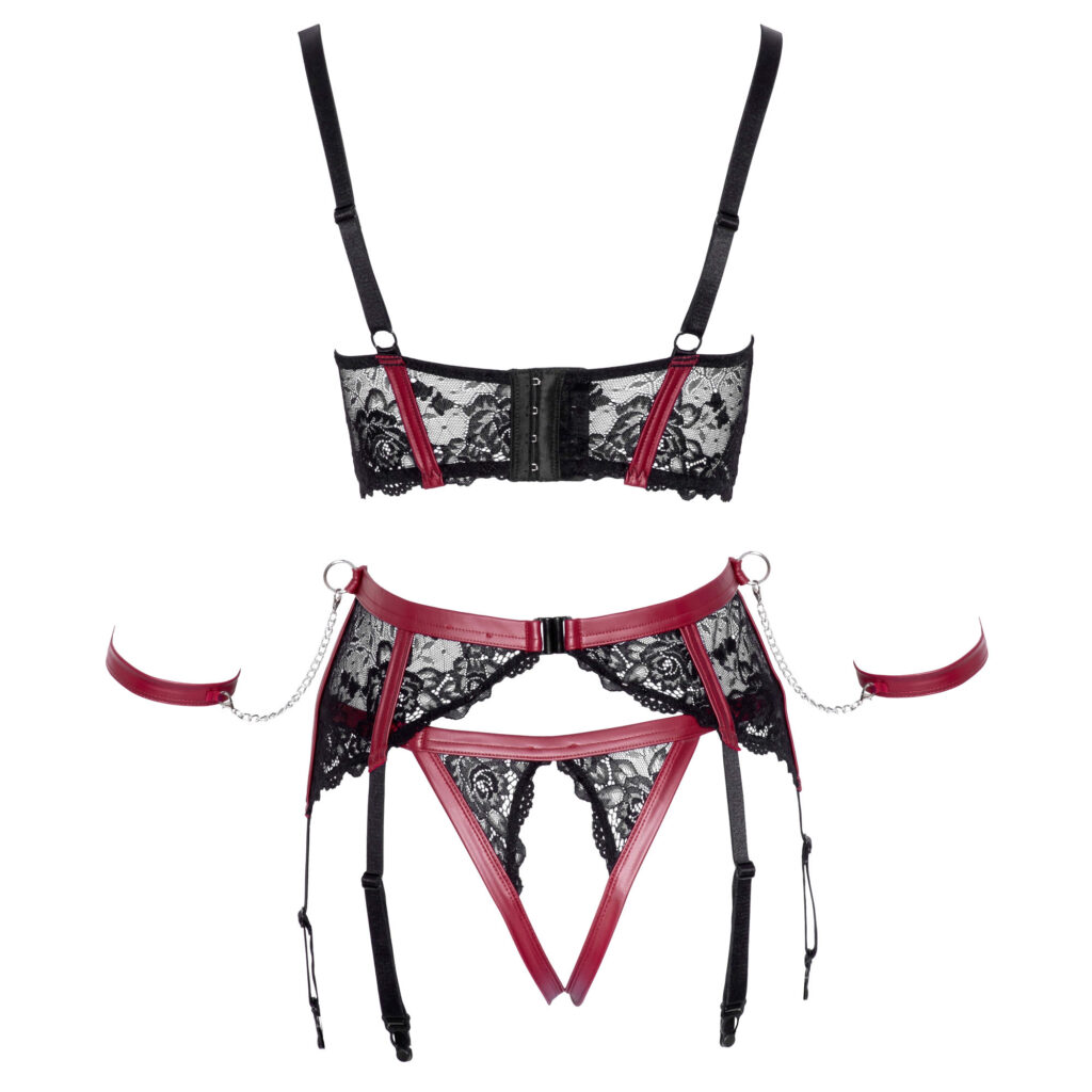 Bondage lingeri med rød wetlook og håndjern