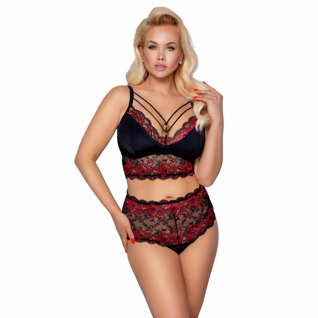 Plus Size Blonde BH sæt i Rød og Sort