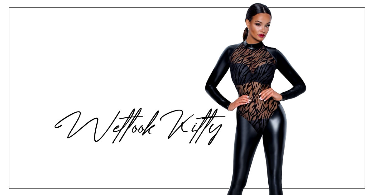 Noir Wetlook Catsuit med Tiger Flock Print