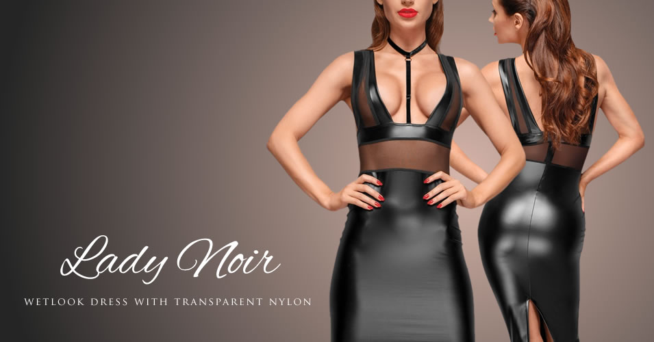 Noir Wetlook Kjole med Gennemsigtig Nylon
