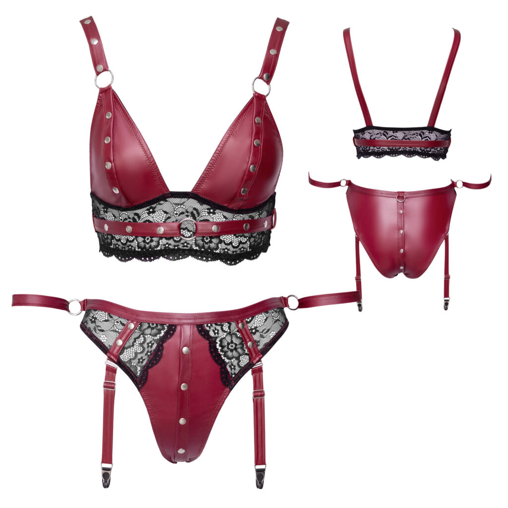 Rødt Wetlook Lingeri sæt med Bralette, Håndjern og Blonder