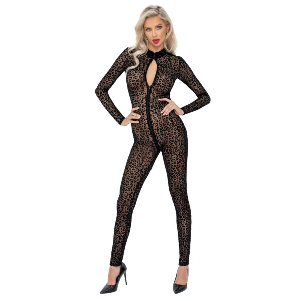 Noir Nylon Leopard Catsuit med Lange Ærmer