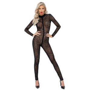 Noir Nylon Leopard Catsuit med Lange Ærmer