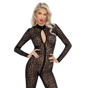 Noir Nylon Leopard Catsuit med Lange Ærmer