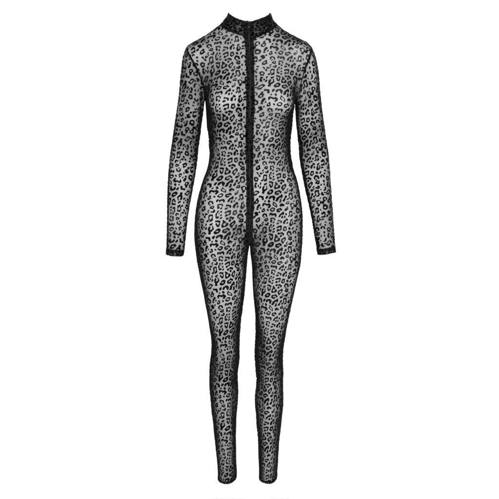 Noir Nylon Leopard Catsuit med Lange Ærmer