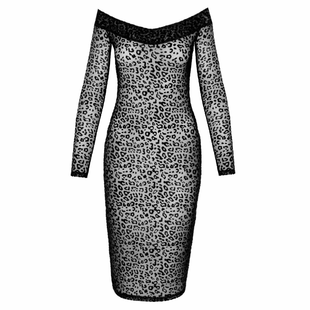 Noir Nylon Leopard Kjole med Flock Print og Blondekant