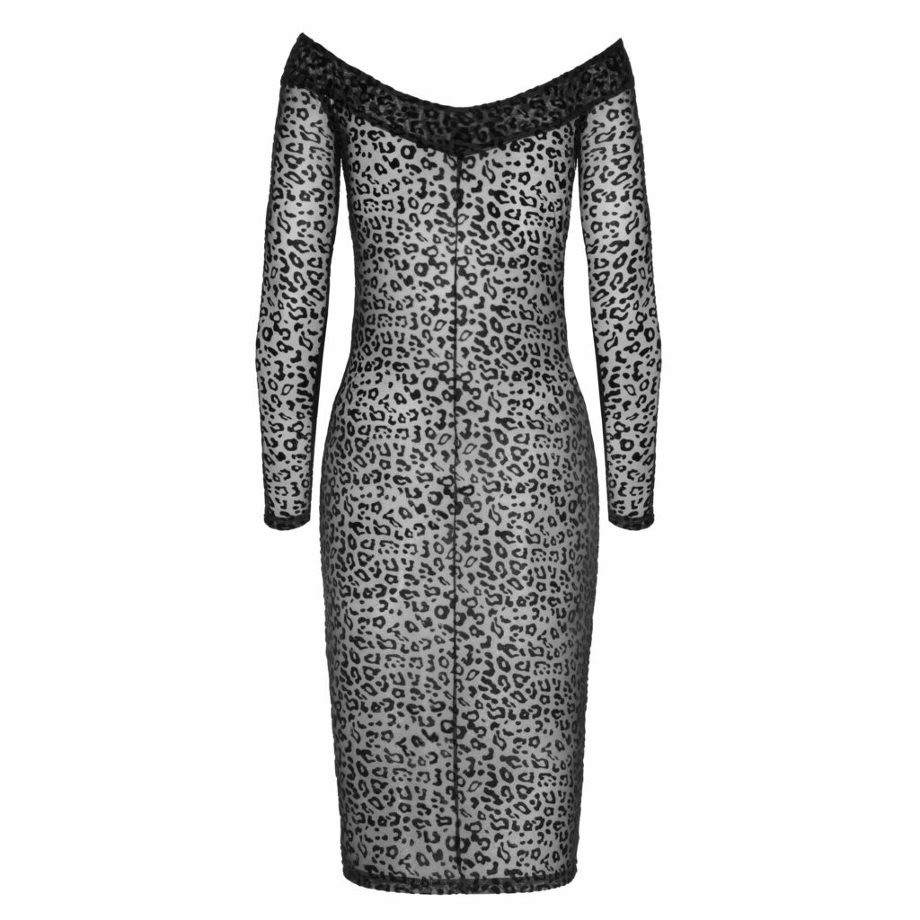 Noir Nylon Leopard Kjole med Flock Print og Blondekant