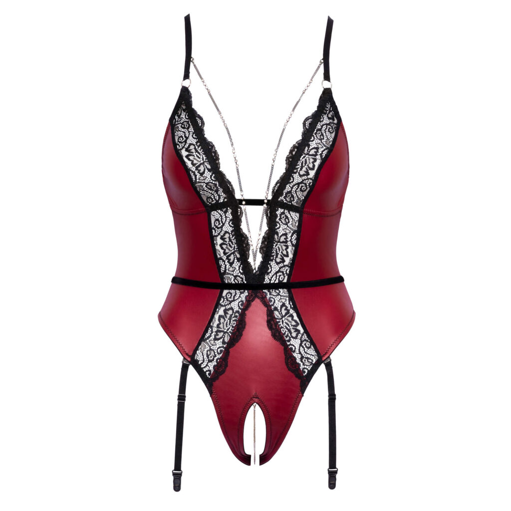 Abierta Fina Bundløs Body med Rød Wetlook og Blonder