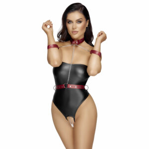 Bundløs Wetlook Body med Håndjern og Halsbånd