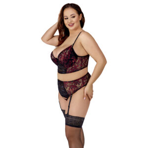 Plus Size Blonde Lingeri Sæt med Longline BH i Rød og Sort