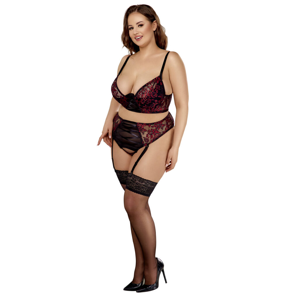Plus Size Blonde Lingeri Sæt med Longline BH i Rød og Sort