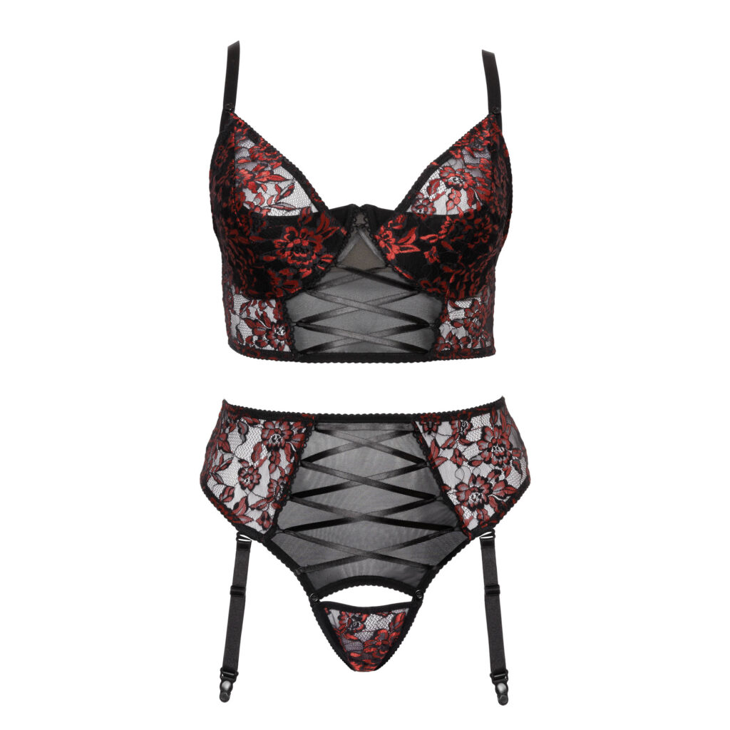 Plus Size Blonde Lingeri Sæt med Longline BH i Rød og Sort