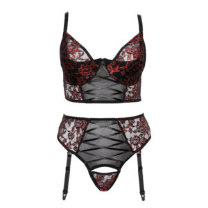 Plus Size Blonde Lingeri Sæt med Longline BH i Rød og Sort