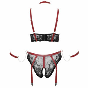 Plus Size Blonde Lingeri Sæt med Håndjern og Røde Wetlook Striber