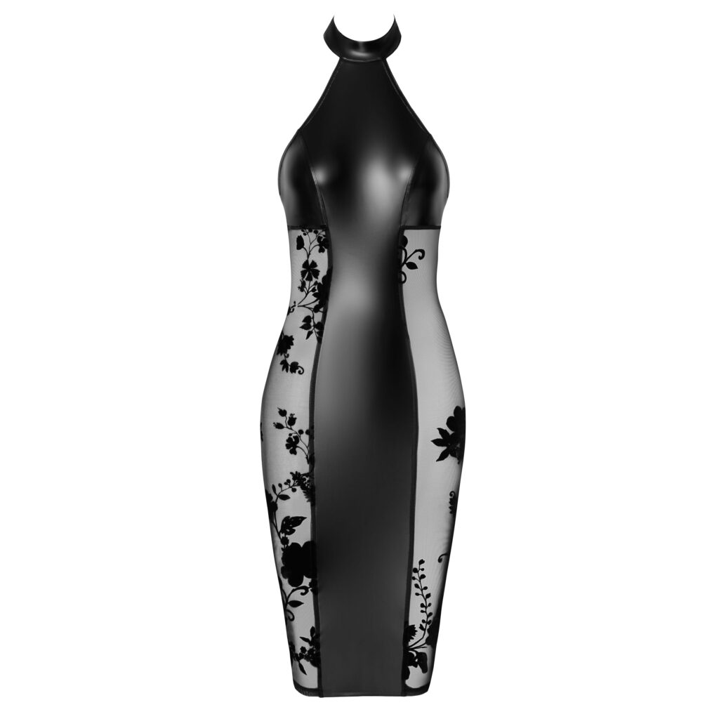 Noir Wetlook Kjole med Transparente Blonde Sider