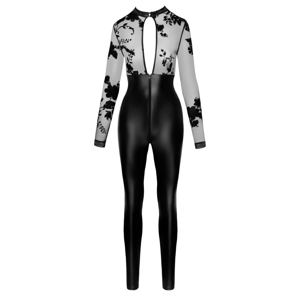 Noir Wetlook Jumpsuit med Transparent Top og Velour Print