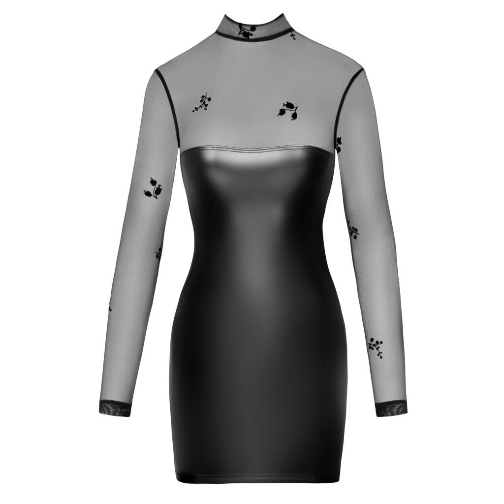 Noir Wetlook Kjole med Transparent Top og Velour Print