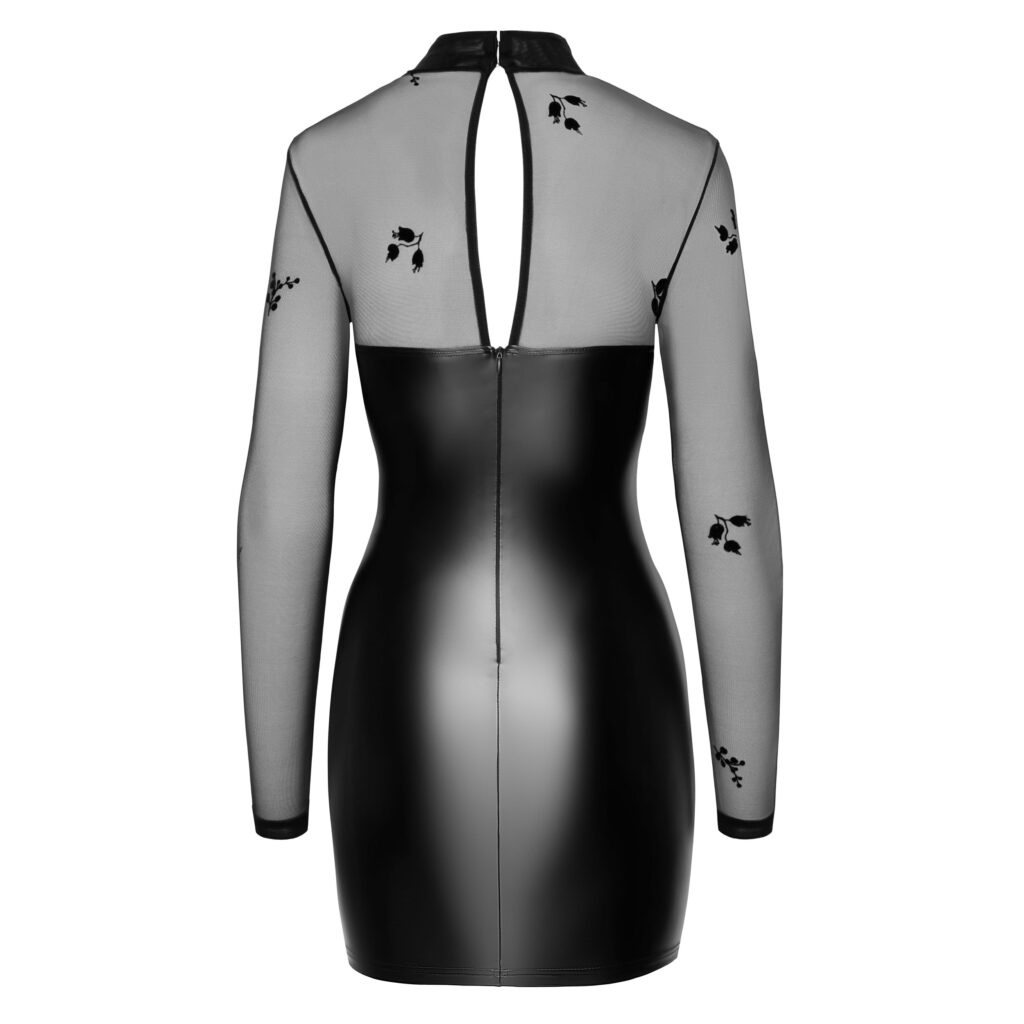 Noir Wetlook Kjole med Transparent Top og Velour Print