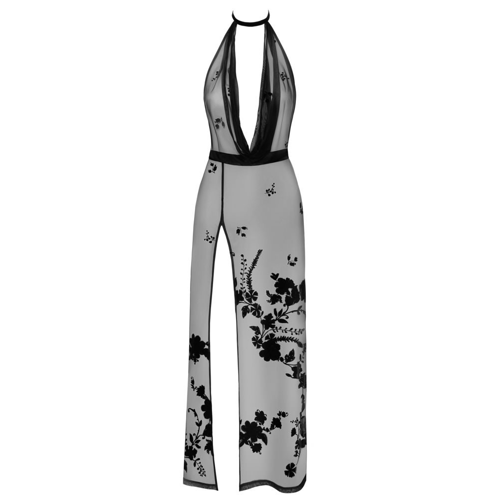 Noir Lang Transparent Kjole med Velour Print