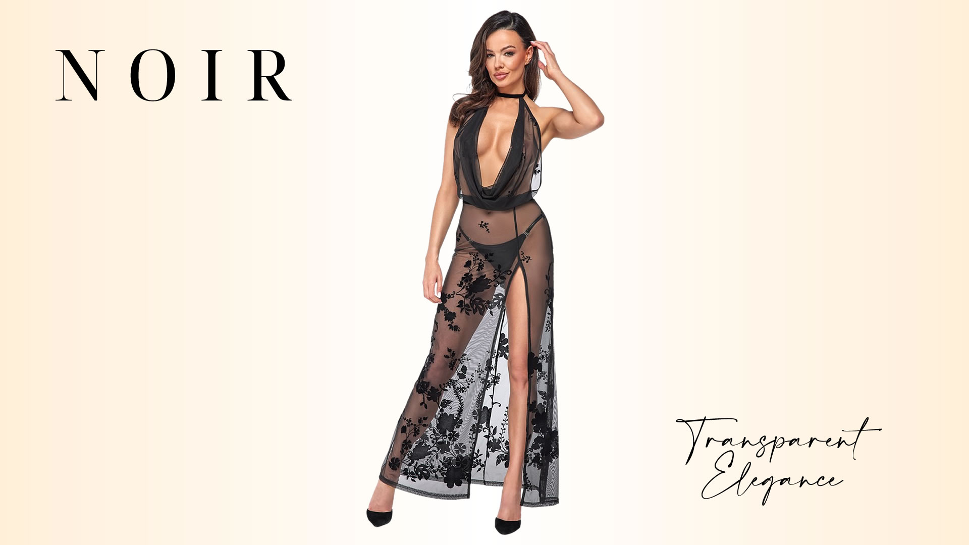 Noir Lang Transparent Kjole med Velour Print