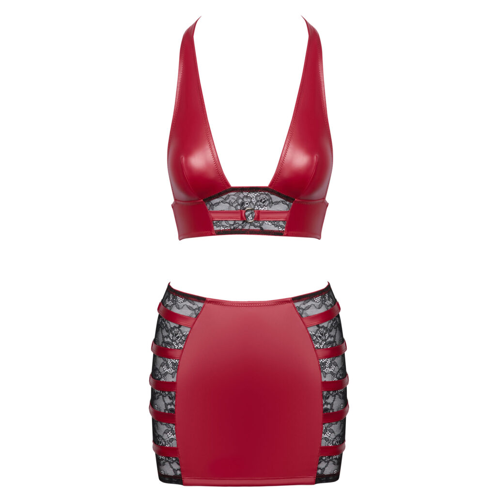 Rød Wetlook Crop Top med Stramt Nederdel