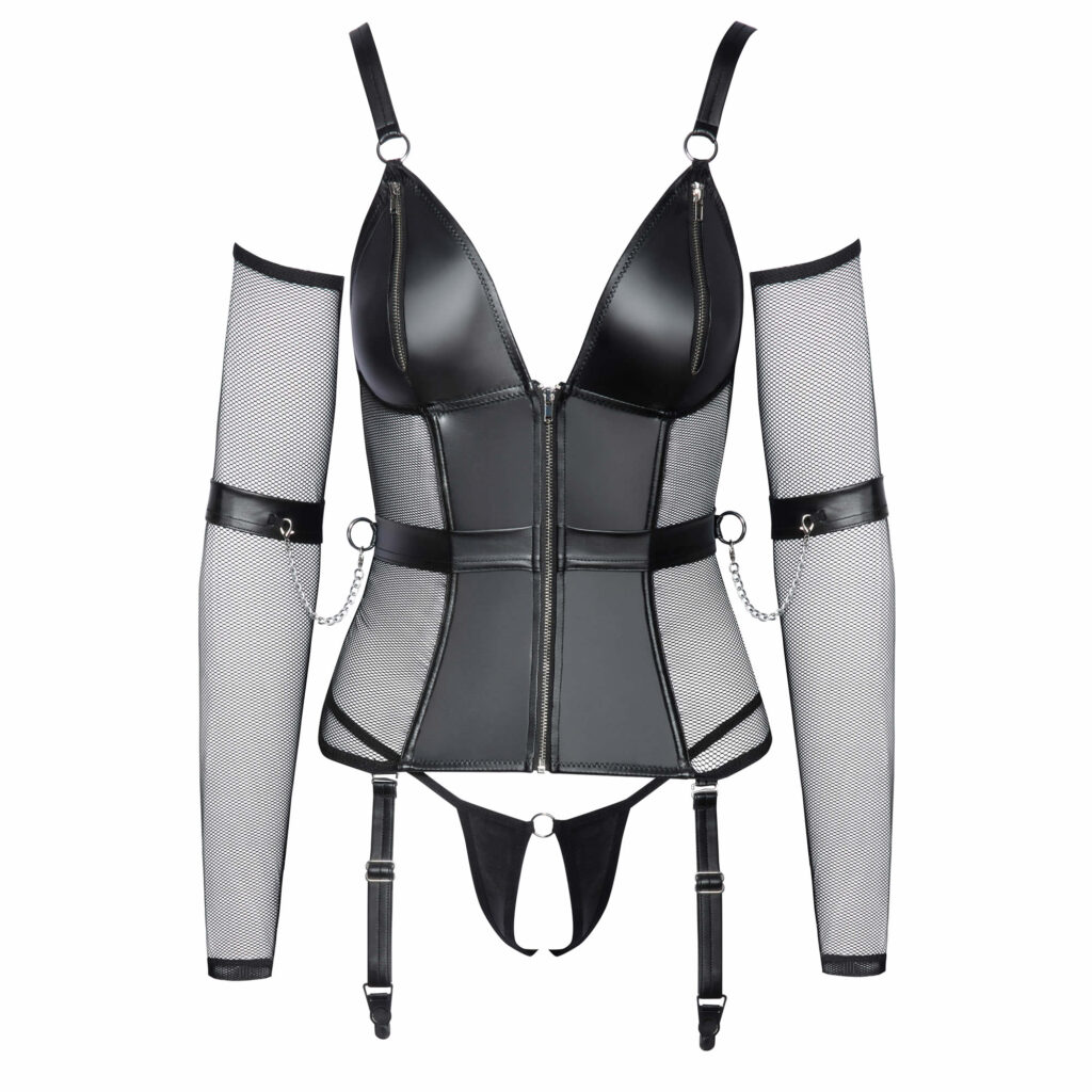 Wetlook og Net Bustier med G-streng og Strømpeholdere