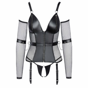 Wetlook og Net Bustier med G-streng og Strømpeholdere