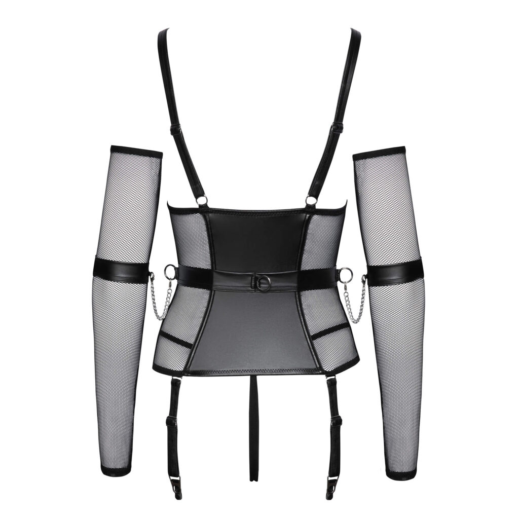 Wetlook og Net Bustier med G-streng og Strømpeholdere