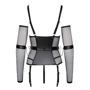 Wetlook og Net Bustier med G-streng og Strømpeholdere