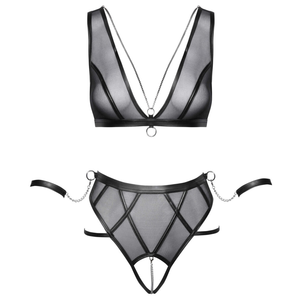 Transparent BH og Trusse med Wetlook Striber og Håndjern