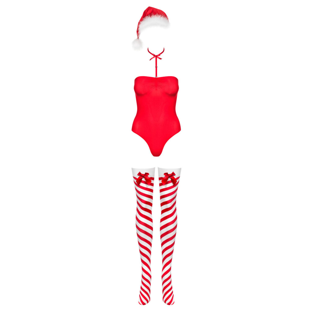 Obsessive Kissmas Jule Body Sæt med Candy Cane Strømper og Nissehat