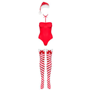 Obsessive Kissmas Jule Body Sæt med Candy Cane Strømper og Nissehat