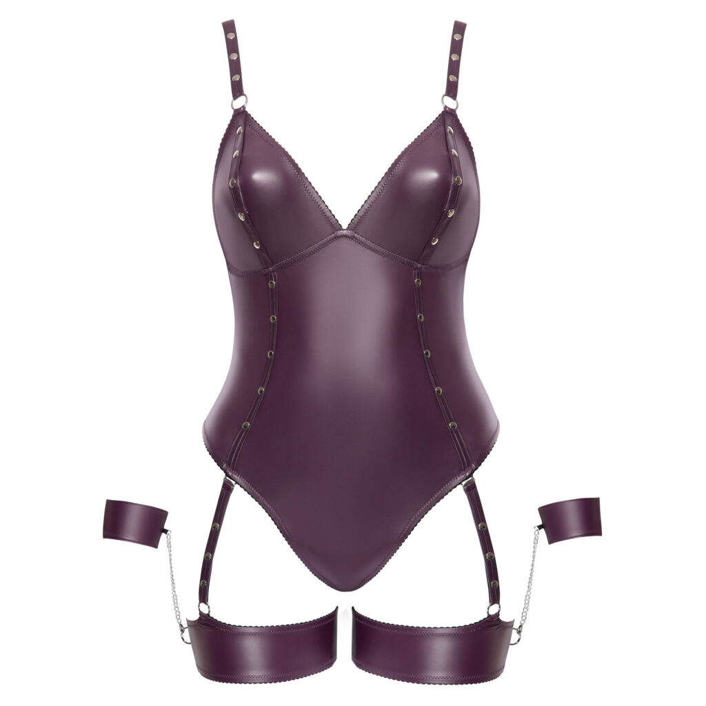 Lilla Plus Size Wetlook Bondage Body med Strømpebånd og Håndjern