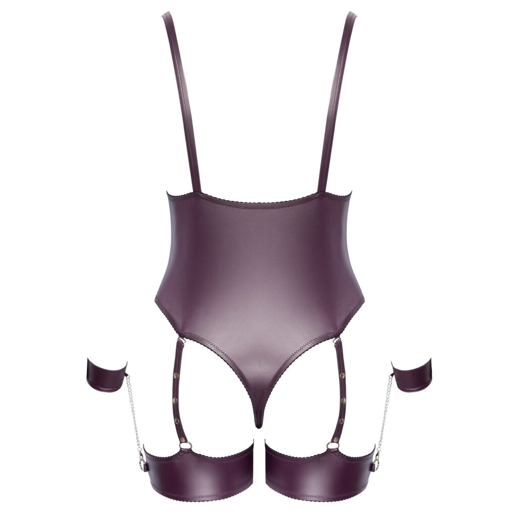 Lilla Plus Size Wetlook Bondage Body med Strømpebånd og Håndjern