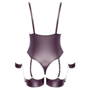 Lilla Plus Size Wetlook Bondage Body med Strømpebånd og Håndjern