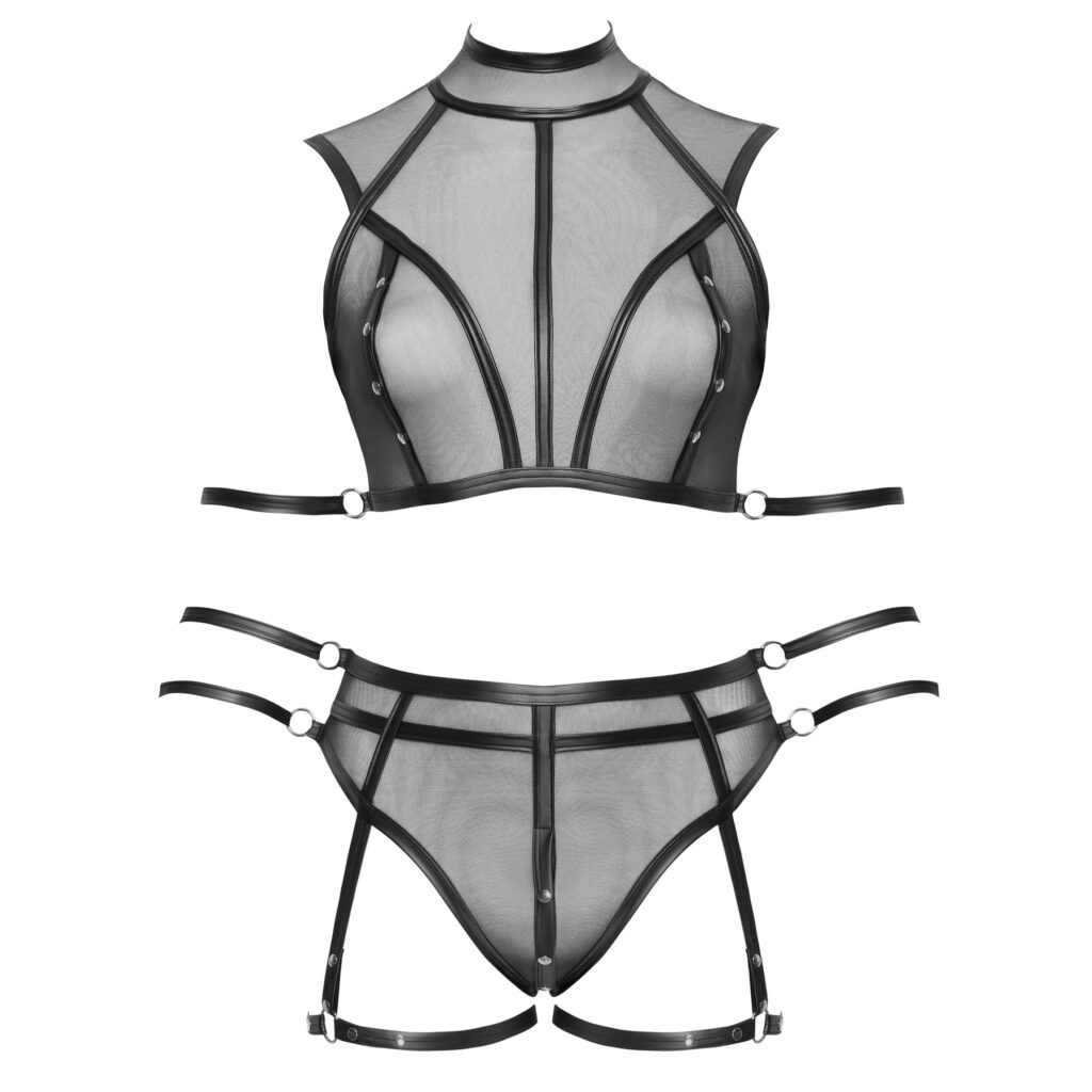 Transparent Plus Size Lingeri Sæt med Wetlook Striber og Håndjern
