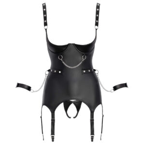Sort Wetlook Bustier Lingeri Sæt med Håndjern