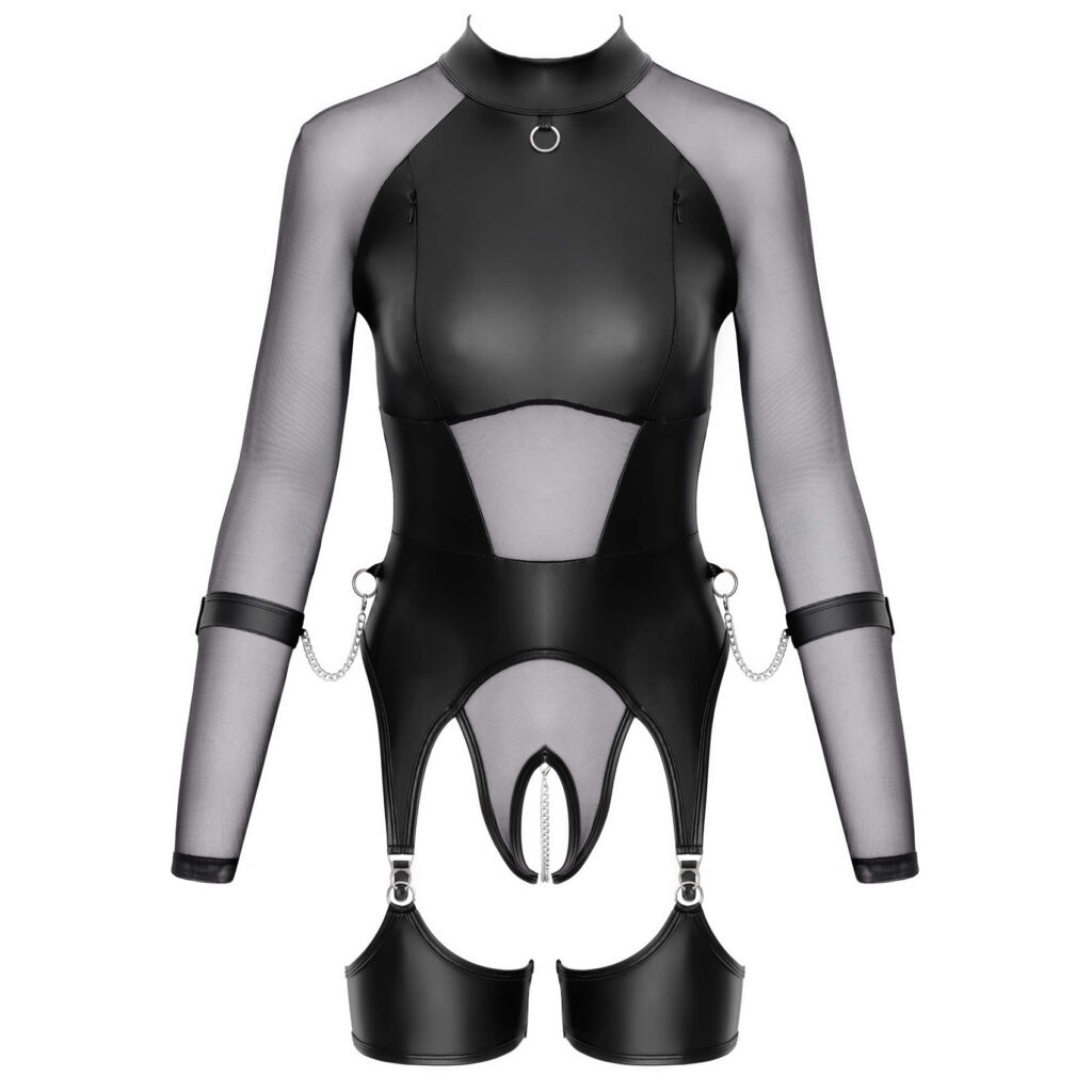 Wetlook Bondage Look Body med Strømpeholdere og Håndjern