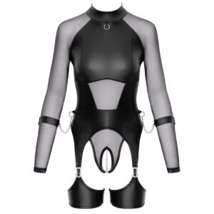 Wetlook Bondage Look Body med Strømpeholdere og Håndjern