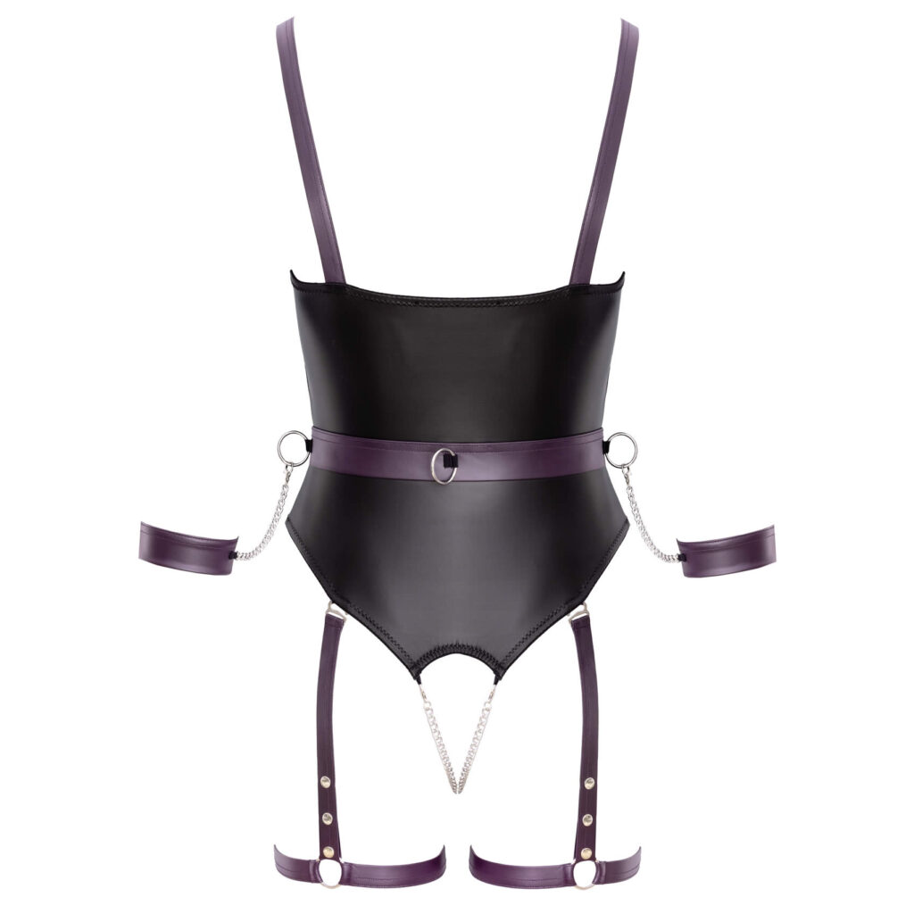 Wetlook Bustier med Lilla Stropper og Håndjern