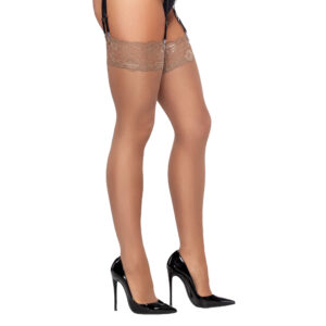 Beige Nylon Strømper til Strømpeholdere med Blondekant