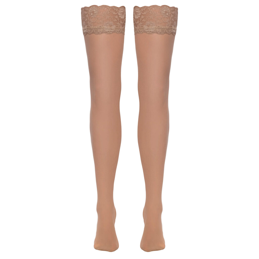 Beige Nylon Strømper til Strømpeholdere med Blondekant