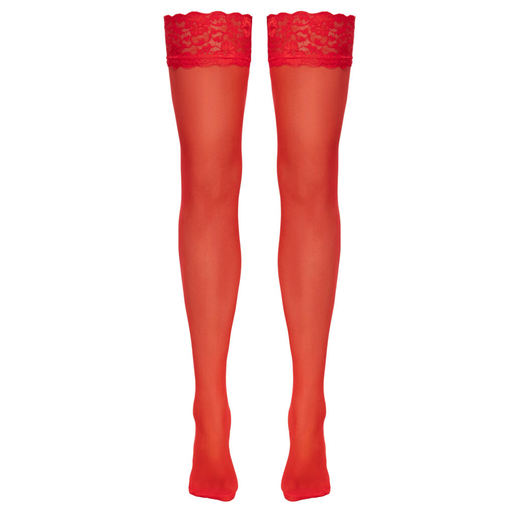 Røde Nylonstrømper til Strømpeholdere med Blondekant